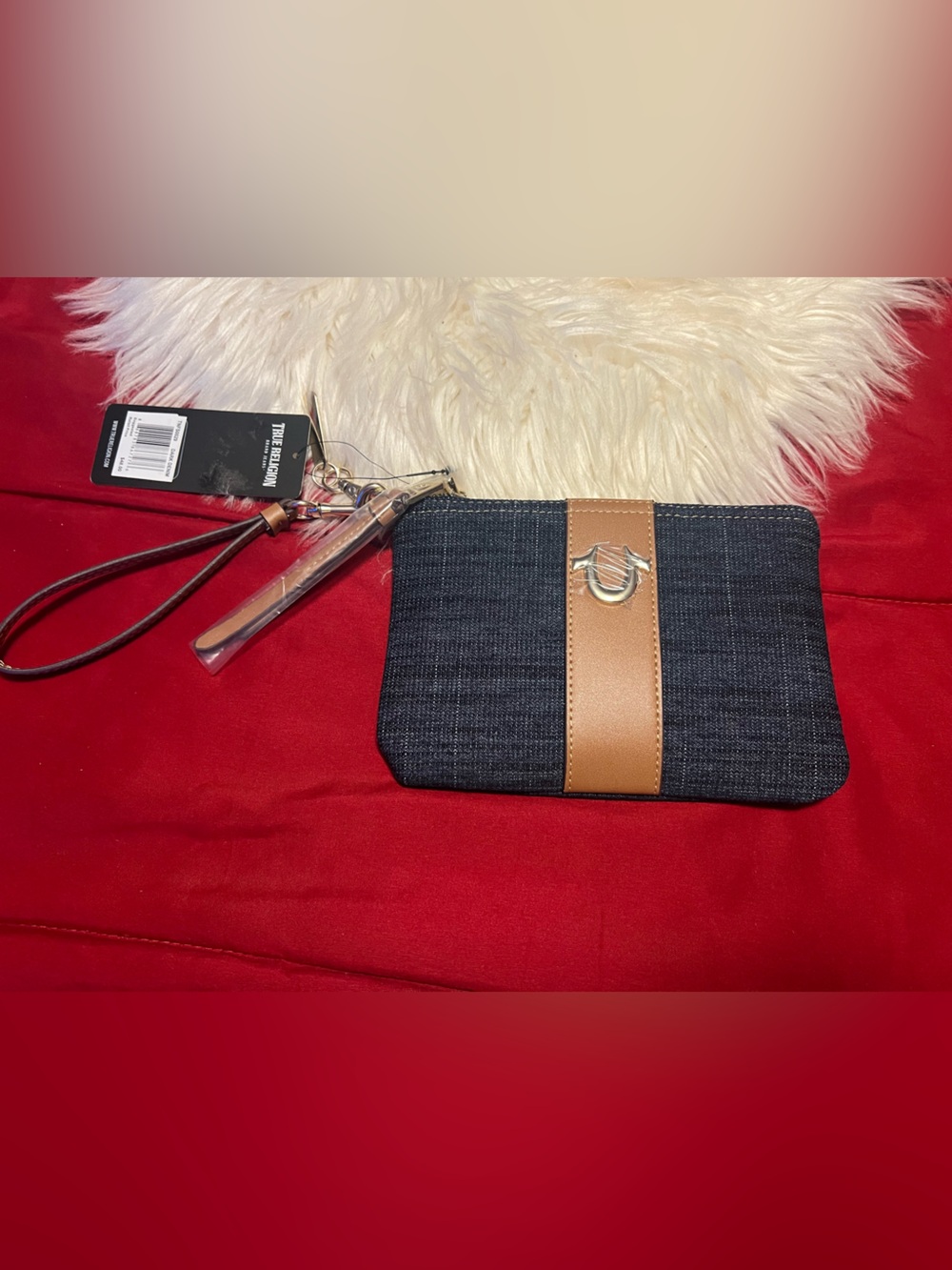 True Religion Navy Denim Wristlet with Tan Accent